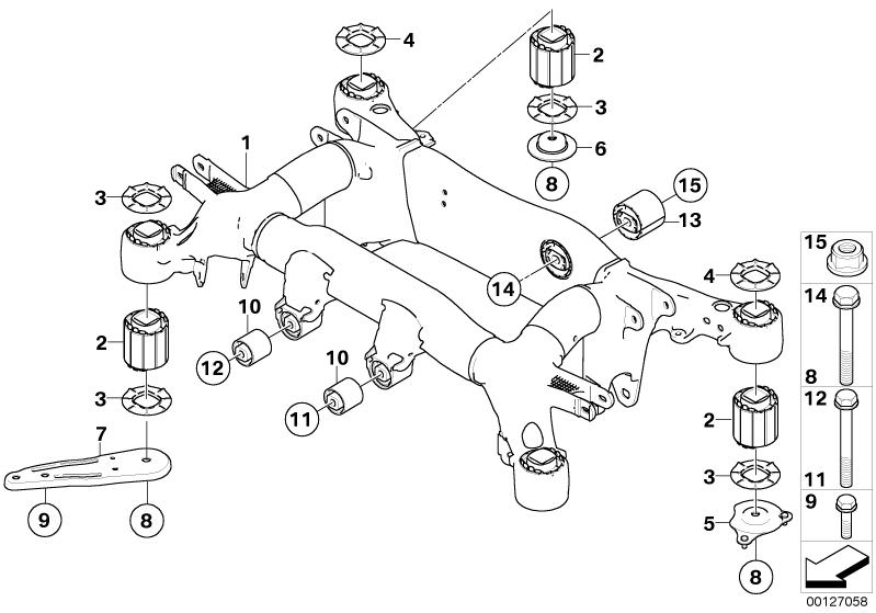 Bildtafel Hinterachsträger für die BMW 5er Modelle  Original BMW Ersatzteile aus dem elektronischen Teilekatalog (ETK) für BMW Kraftfahrzeuge( Auto)    Anschlagscheibe hinten links, Anschlagscheibe hinten oben, Anschlagscheibe hinten rechts, Anschlagschei