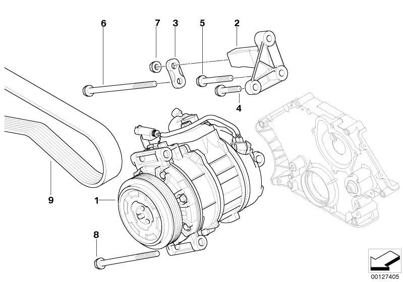 Illustration du AIR COND.COMPRESSOR-SUPPORTING BRACKET pour les BMW 6 Série Modèles  Pièces de rechange d'origine BMW du catalogue de pièces électroniques (ETK) pour véhicules automobiles BMW (voiture)   Carrier, air-conditioner compressor, Hex Bolt with 