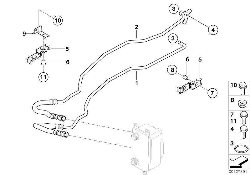 Illustration du Conduite radiateur d`huile de boîte pour les BMW 6 Série Modèles  Pièces de rechange d'origine BMW du catalogue de pièces électroniques (ETK) pour véhicules automobiles BMW (voiture)   Bracket Oil Pipe, Bracket, oil cooler line, Hex Bolt, 