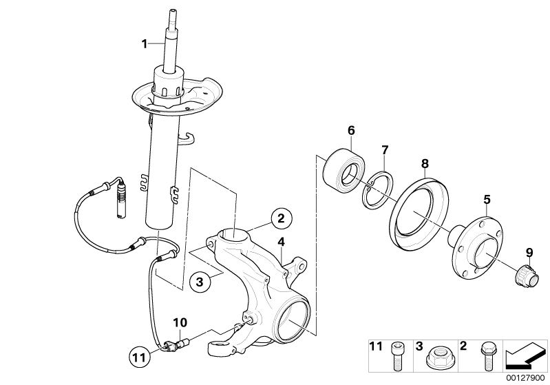 Picture board Front Spring strut/Carrier/Wheel bearing for the BMW X Series models  Original BMW spare parts from the electronic parts catalog (ETK) for BMW motor vehicles (car)   Angular contact ball bearing,radial, Carrier, left, Collar nut, Collar scre