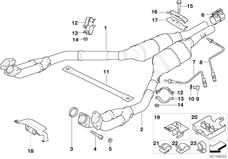 Picture board Catalytic converter/front silencer for the BMW Classic parts  Original BMW spare parts from the electronic parts catalog (ETK) for BMW motor vehicles (car)   Cable holder, CLAMPING BUSH, Collar nut, Exch. exhaust pipe catalyst cylinder 1-4, 