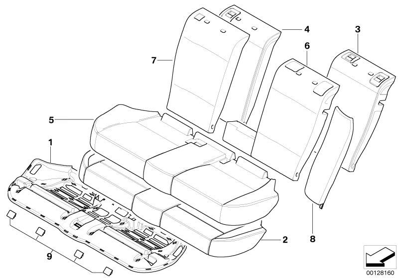 Picture board Seat,rear,cushion&cover, through-loading for the BMW X Series models  Original BMW spare parts from the electronic parts catalog (ETK) for BMW motor vehicles (car)   Cover backrest, leather, left, Cover isofix, LATERAL TRIM PANEL LEFT, LEFT 