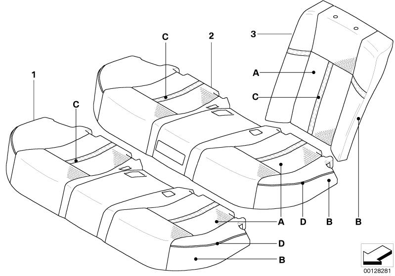 Picture board Ind. basic seat Klima-Leather,U6 rear for the BMW 7 Series models  Original BMW spare parts from the electronic parts catalog (ETK) for BMW motor vehicles (car)   Cover backrest leather rear right, Leather seat cover, rear