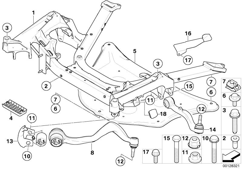 Bildtafel Vorderachsträger Querlenker/Zugstrebe für die BMW 7er Modelle  Original BMW Ersatzteile aus dem elektronischen Teilekatalog (ETK) für BMW Kraftfahrzeuge( Auto)    Abdeckung Zugstrebe, Blindnietmutter Flachkopf, Bundmutter selbstsichernd, Einstec