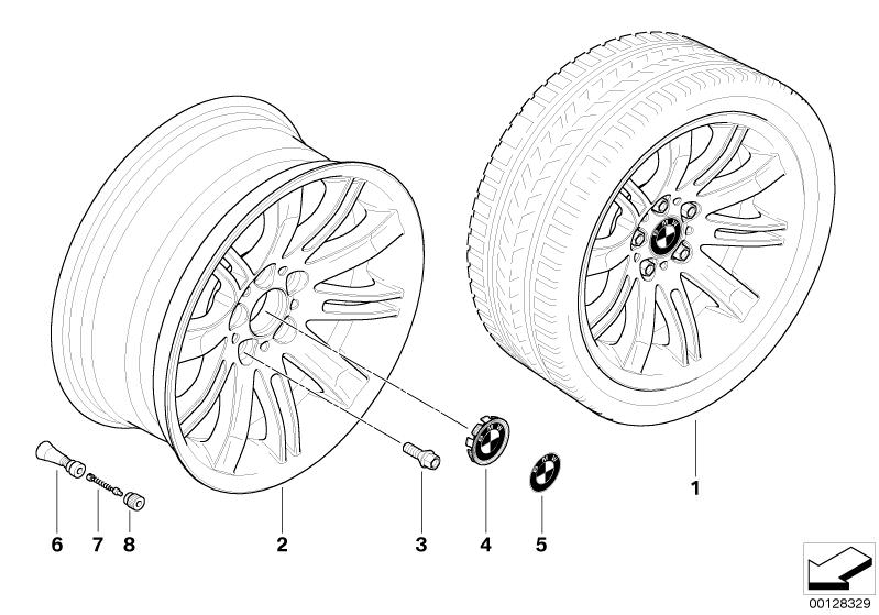 Illustration du Jante à rayons doubles (Styl. 120) pour les BMW 6 Série Modèles  Pièces de rechange d'origine BMW du catalogue de pièces électroniques (ETK) pour véhicules automobiles BMW (voiture)   Hub cap with chrome edge, Light alloy rim, Rubber valve