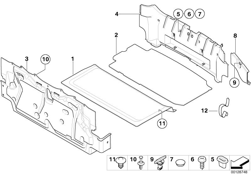 Picture board Trunk trim panel for the BMW Z Series models  Original BMW spare parts from the electronic parts catalog (ETK) for BMW motor vehicles (car)   Clip, Covering right, Expanding rivet, Grommet, Holding strap, Loading sill cover, Lock, Plug, Scre