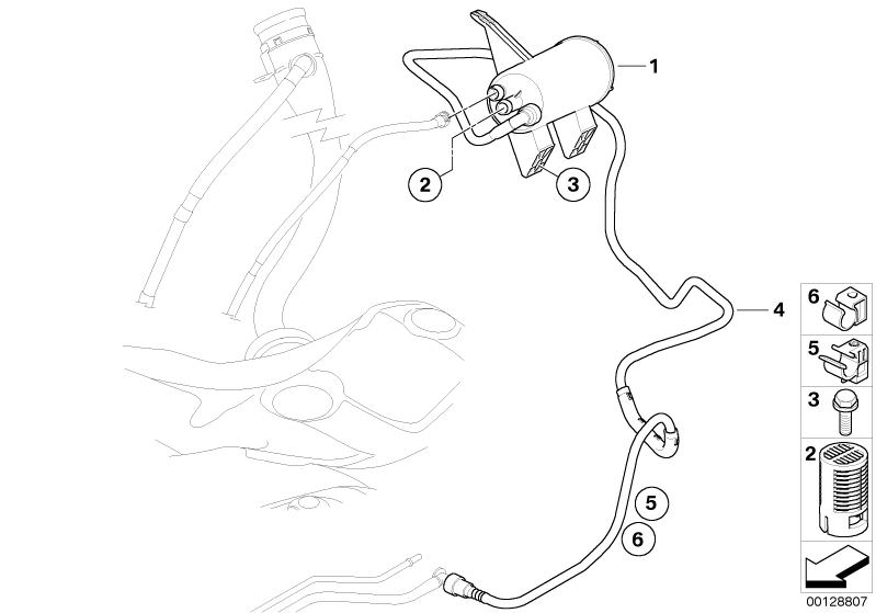 Bildtafel Aktivkohlefilter/Kraftstoffentlüftung für die BMW 5er Modelle  Original BMW Ersatzteile aus dem elektronischen Teilekatalog (ETK) für BMW Kraftfahrzeuge( Auto)    Aktivkohlefilter, Leitungsclip, Sechskantschraube mit Scheibe, Spülluftleitung hin