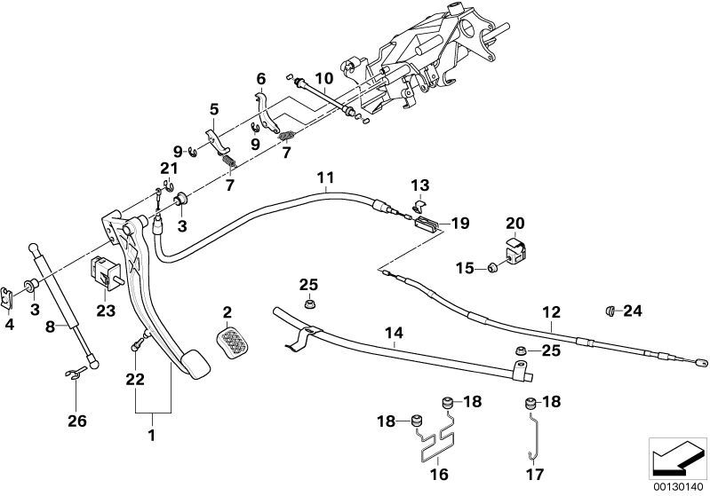 Picture board PARKING BRAKE PEDAL for the BMW 7 Series models  Original BMW spare parts from the electronic parts catalog (ETK) for BMW motor vehicles (car)   Ball pin, BOWDEN CABLE F RELEASING MECHANISM, Bush bearing, Circlip, Clamp, Connection piece, Da