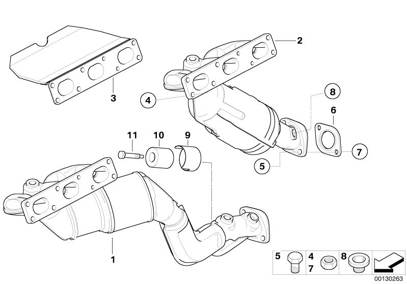 Bildtafel Abgaskrümmer mit Katalysator für die BMW X Modelle  Original BMW Ersatzteile aus dem elektronischen Teilekatalog (ETK) für BMW Kraftfahrzeuge( Auto)    AT-Abgaskrümmer mit Katalysator, Bundschraube, Dichtung mit Hitzeschild asbestfrei, Flachdich