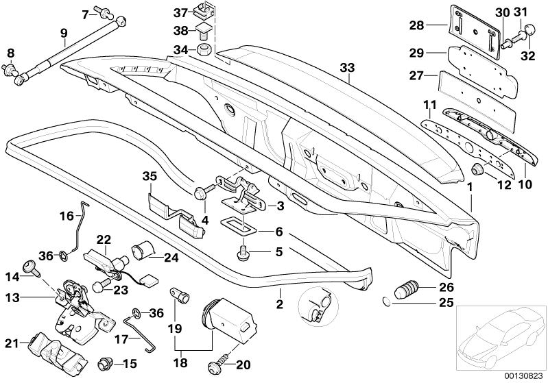 Bildtafel Heckklappe/Einzelteile für die BMW Z Modelle  Original BMW Ersatzteile aus dem elektronischen Teilekatalog (ETK) für BMW Kraftfahrzeuge( Auto)    Abdeckkappe, Abdeckung Scharnier rechts, Abdichtfolie, Abdichtung Heckklappe, Adapter Verschluss He