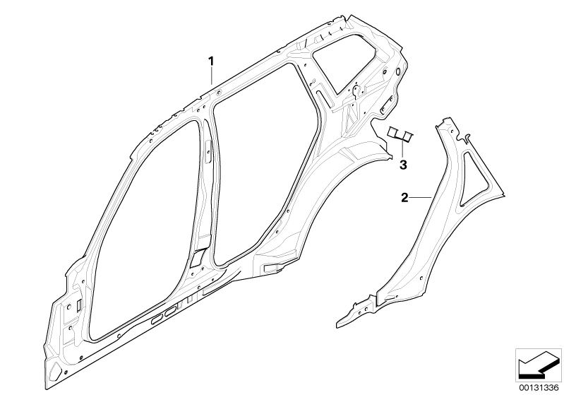 Bildtafel Seitengerippe Einzelteile für die BMW X Modelle  Original BMW Ersatzteile aus dem elektronischen Teilekatalog (ETK) für BMW Kraftfahrzeuge( Auto)    Halter Aktivkohlefilter aussen, Seitenrahmen innen links, Verstärkung C-Säule links