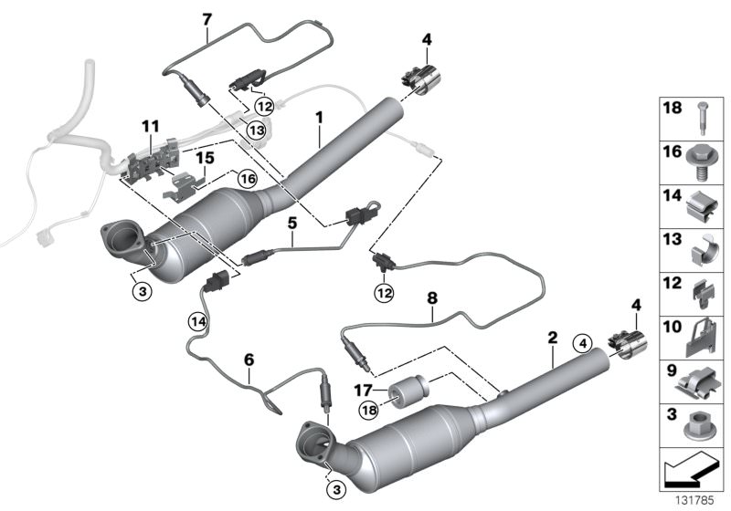 Bildtafel Katalysator/Lambdasonde für die BMW X Modelle  Original BMW Ersatzteile aus dem elektronischen Teilekatalog (ETK) für BMW Kraftfahrzeuge( Auto)    Abgasrohr ohne Katalysator, Bundmutter, Bundschraube, Halteklammer, Halter für Steckergehäuse, Hal