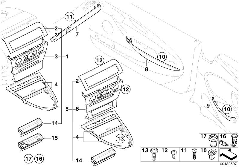 Picture board Interior trim stripes, carbon for the BMW 6 Series models  Original BMW spare parts from the electronic parts catalog (ETK) for BMW motor vehicles (car)   Decor cover for instrument panel, center, Decor panel for centre console, Decor panel,