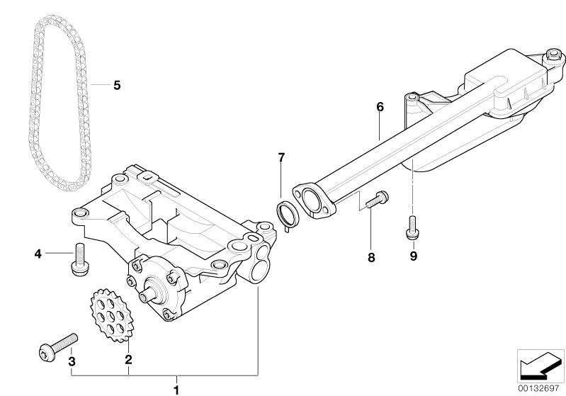 Picture board Lubrication system/Oil pump with drive for the BMW 5 Series models  Original BMW spare parts from the electronic parts catalog (ETK) for BMW motor vehicles (car)   Chain, Collar screw, Hex Bolt with washer, Intake pipe with gasket, Oil pump,