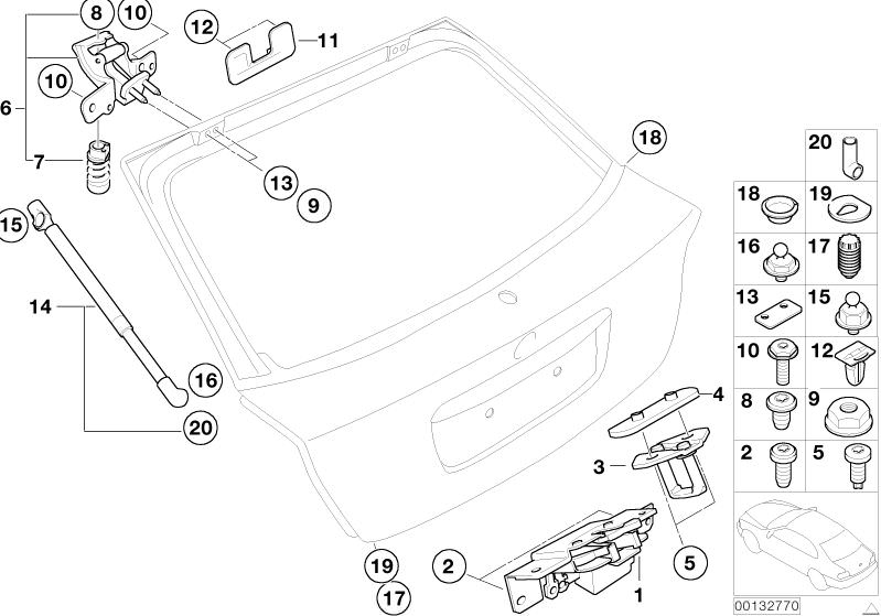 Bildtafel Heckklappe/Schliesssystem für die BMW 3er Modelle  Original BMW Ersatzteile aus dem elektronischen Teilekatalog (ETK) für BMW Kraftfahrzeuge( Auto)    Abdeckung Scharnier links, Anschlagpuffer, Clip, Distanzplatte, Federelement, Gasdruckfeder ve