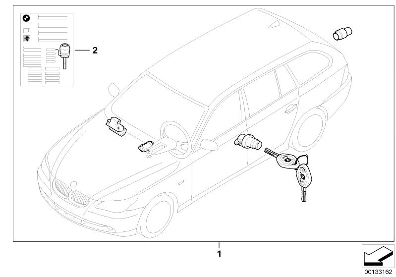 Picture board One-key locking for the BMW 5 Series models  Original BMW spare parts from the electronic parts catalog (ETK) for BMW motor vehicles (car)   Set uniform lock.syst. w/CAS cntrl(code)