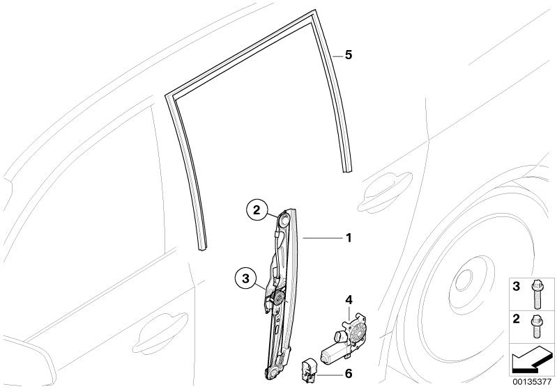 Picture board DOOR WINDOW LIFTING MECHANISM REAR for the BMW 5 Series models  Original BMW spare parts from the electronic parts catalog (ETK) for BMW motor vehicles (car)   Clamping bracket right, Drive, window lifter, rear right, LEFT REAR WINDOW GUIDE,