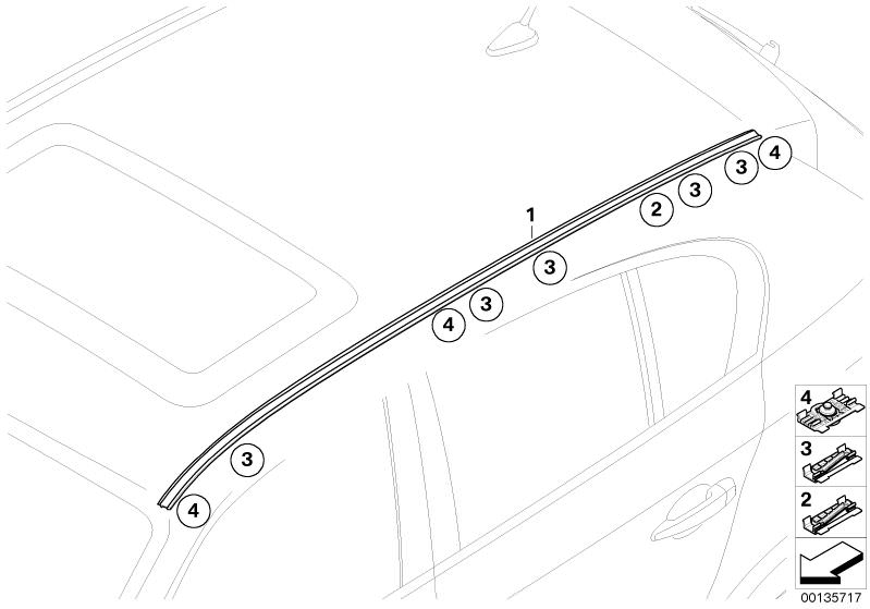 Picture board Roof moulding/Roof rail for the BMW 5 Series models  Original BMW spare parts from the electronic parts catalog (ETK) for BMW motor vehicles (car)   Clip, Roof moulding prime-coated right