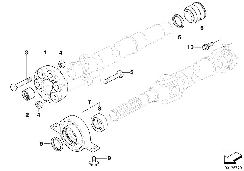 Picture board Drive shaft,univ.joint/centre mounting for the BMW 3 Series models  Original BMW spare parts from the electronic parts catalog (ETK) for BMW motor vehicles (car)   Centering sleeve, Centre Mount, aluminium, DAMPER RING, Grooved ball bearing,