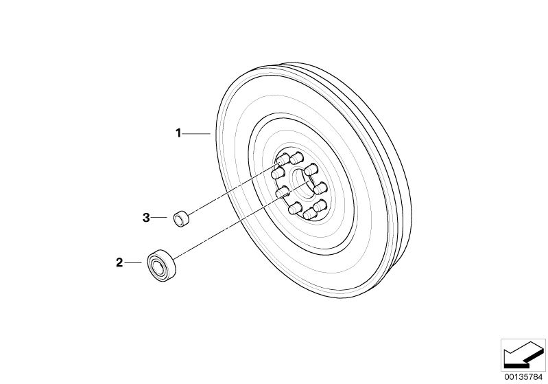 Bildtafel Schwungrad/Zweimassenschwungrad für die BMW 5er Modelle  Original BMW Ersatzteile aus dem elektronischen Teilekatalog (ETK) für BMW Kraftfahrzeuge( Auto)    Passhülse, Rillenkugellager, Zweimassenschwungrad