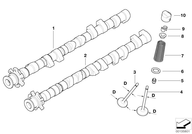 Bildtafel Ventilsteuerung-Nockenwelle/Schmierung für die BMW 5er Modelle  Original BMW Ersatzteile aus dem elektronischen Teilekatalog (ETK) für BMW Kraftfahrzeuge( Auto)    Auslassnockenwelle, Auslassventil, Einlassnockenwelle, Einlassventil, Federteller