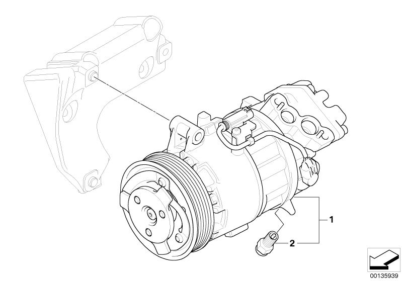 Illustration du RP compresseur de climatisation pour les BMW 3 Série Modèles  Pièces de rechange d'origine BMW du catalogue de pièces électroniques (ETK) pour véhicules automobiles BMW (voiture)   RP air conditioning compressor