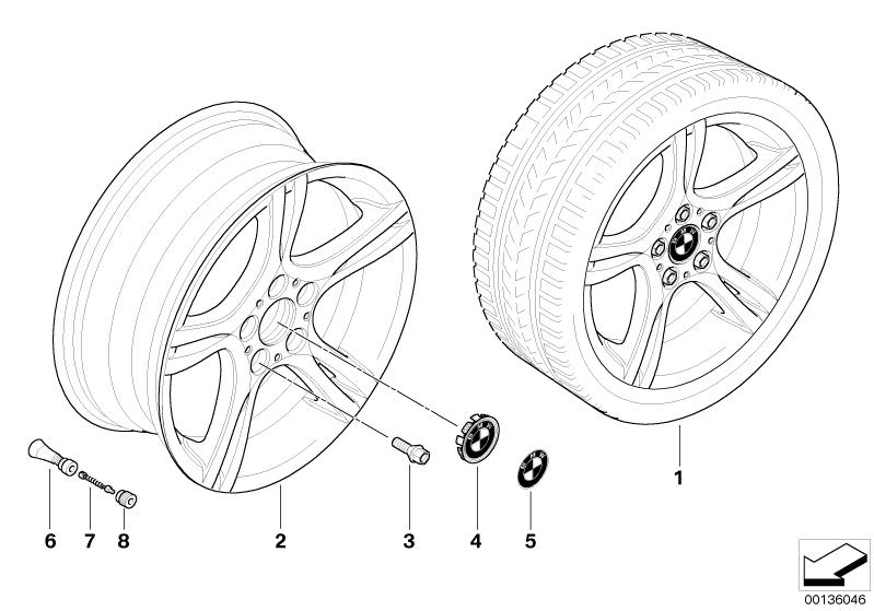 Picture board BMW LA wheel, star spoke 181 for the BMW 1 Series models  Original BMW spare parts from the electronic parts catalog (ETK) for BMW motor vehicles (car)   Hub cap with chrome edge, Light alloy rim, Rubber valve, Valve, Valve caps, Wheel bolt 