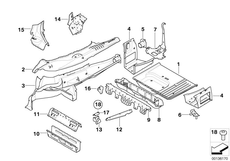 Bildtafel Gepäckraumboden Anbauteile für die BMW X Modelle  Original BMW Ersatzteile aus dem elektronischen Teilekatalog (ETK) für BMW Kraftfahrzeuge( Auto)    Abstützung, Aufnahme Pralldämpfer, Batterieträger hinten, Gepäckraumboden, Gepäckraumboden link