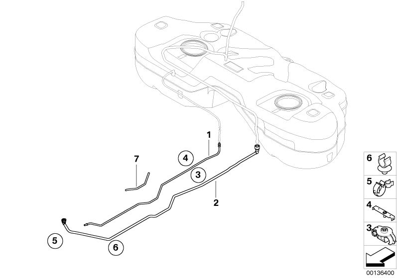 Picture board Fuel pipes / Mounting Parts for the BMW X Series models  Original BMW spare parts from the electronic parts catalog (ETK) for BMW motor vehicles (car)   Bracket, Fuel feed line, Holder, Hose clamp, PROTECTIVE HOSE, Scavenging line front, Tub