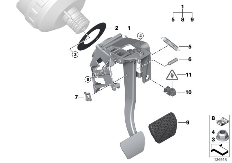 Picture board Pedal assembly for the BMW 1 Series models  Original BMW spare parts from the electronic parts catalog (ETK) for BMW motor vehicles (car)   Brake pedal pin, Complete pedal assembly, Fuse, Repair kit, socket housing, Return spring, Rubber pad