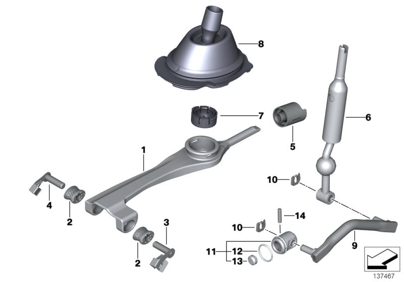 Picture board Gearshift, mechanical transmission for the BMW 1 Series models  Original BMW spare parts from the electronic parts catalog (ETK) for BMW motor vehicles (car)   Bearing bolt, Bearing, shift lever, Bearing, shifting arm, BUSH BEARING OVAL, Dow