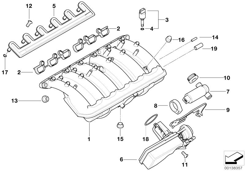 Picture board Intake manifold system for the BMW 3 Series models  Original BMW spare parts from the electronic parts catalog (ETK) for BMW motor vehicles (car)   Adjuster unit, BRACKET IDLE ADJUSTER, Cap, Compression collar, DISTRIBUTION PIECE, Hex nut wi