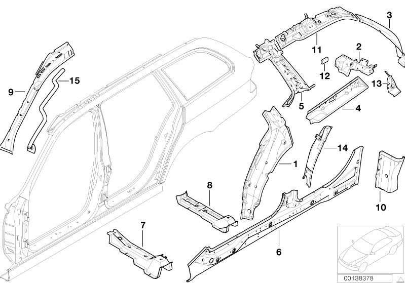Picture board SINGLE COMPONENTS FOR BODY-SIDE FRAME for the BMW 5 Series models  Original BMW spare parts from the electronic parts catalog (ETK) for BMW motor vehicles (car)   Column C exterior, right, COVERING PLATE RIGHT, INNER RIGHT APRON, Moulded par