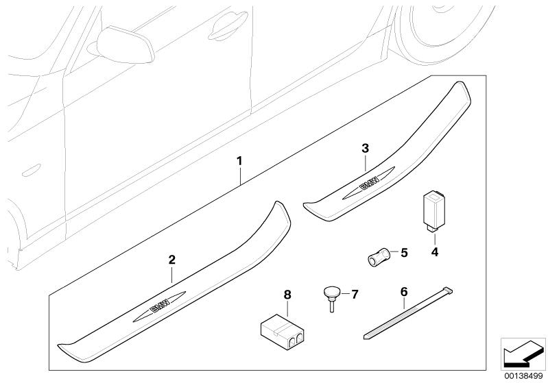 Picture board Illuminated door sill strip retrofit kit for the BMW 5 Series models  Original BMW spare parts from the electronic parts catalog (ETK) for BMW motor vehicles (car) 
