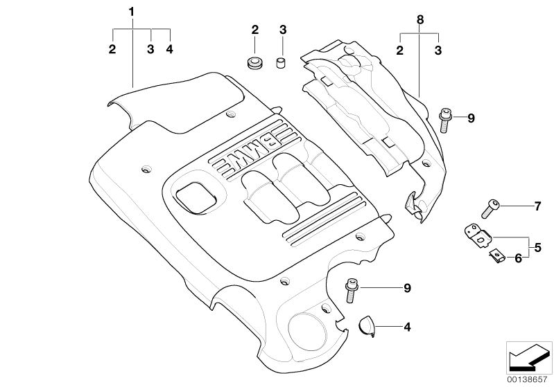 Picture board Engine acoustics for the BMW X Series models  Original BMW spare parts from the electronic parts catalog (ETK) for BMW motor vehicles (car)   Acoustic cover rear, Bush, Clip nut, Cover, acoustic, Fillister head with washer, Grommet, Holder f