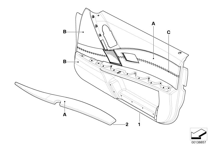 Illustration du Revetement porte av. cuir partiel ind. pour les BMW 5 Série Modèles  Pièces de rechange d'origine BMW du catalogue de pièces électroniques (ETK) pour véhicules automobiles BMW (voiture)   Armrest, right, Door trim panel, front right