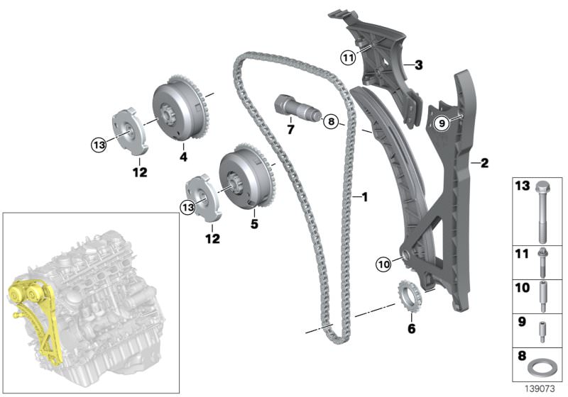 Picture board Timing and valve train-timing chain for the BMW 6 Series models  Original BMW spare parts from the electronic parts catalog (ETK) for BMW motor vehicles (car)   Adjustment unit, inlet camshaft, Adjustment unit, outlet camshaft, Bearing bolt,