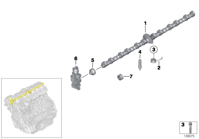 Picture board Valve timing gear, eccentric shaft for the BMW 3 Series models  Original BMW spare parts from the electronic parts catalog (ETK) for BMW motor vehicles (car)   ASA-Bolt, Eccentric shaft, Eccentric shaft sensor, Magnetic wheel, Needle bearing