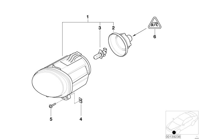 Picture board Fog lights for the BMW X Series models  Original BMW spare parts from the electronic parts catalog (ETK) for BMW motor vehicles (car)   Body nut, Covering cap, fog lamp, Fog lights, left, Longlife bulb, Screw, self tapping, Universal socket 