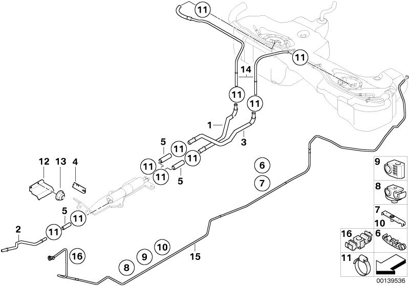 Bildtafel Kraftstoffleitung/Befestigungsteile für die BMW 3er Modelle  Original BMW Ersatzteile aus dem elektronischen Teilekatalog (ETK) für BMW Kraftfahrzeuge( Auto)    Abdichtung, Halteblech, Halter Bremsleitung, Kraftstoffleitung, Kraftstoffrücklaufle