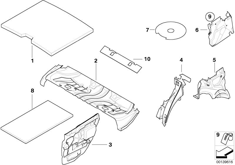 Bildtafel Isolierungen für die BMW 3er Modelle  Original BMW Ersatzteile aus dem elektronischen Teilekatalog (ETK) für BMW Kraftfahrzeuge( Auto)    Antidröhnbelag, Antidröhnbelag Reserveradmulde, Clip, Schalldämmung, Schallisolierung Boden hinten, Schalli