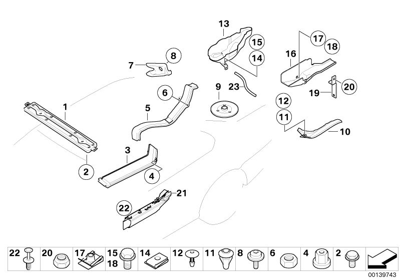 Picture board Various body parts for the BMW 7 Series models  Original BMW spare parts from the electronic parts catalog (ETK) for BMW motor vehicles (car)   Body nut, Bracket, control unit cover, left, Cable cover for floor panel, rear, CABLE COVERING, C