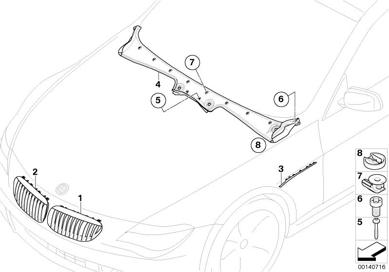 Picture board exterior trim / grille for the BMW 6 Series models  Original BMW spare parts from the electronic parts catalog (ETK) for BMW motor vehicles (car)   Clip, cover, windscreen panel, Finisher, side panel, front left, GRILLE LEFT, GRILLE RIGHT, T