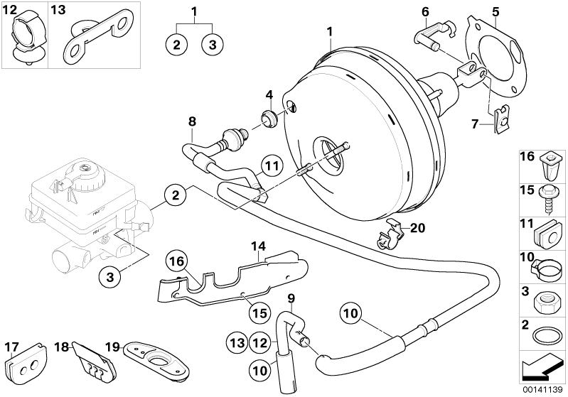 Picture board Power brake unit depression for the BMW 5 Series models  Original BMW spare parts from the electronic parts catalog (ETK) for BMW motor vehicles (car)   BRAKE MASTER CYLINDER O-RING, Brake servo unit, Bulkhead seal, Expanding nut, Fixing cla