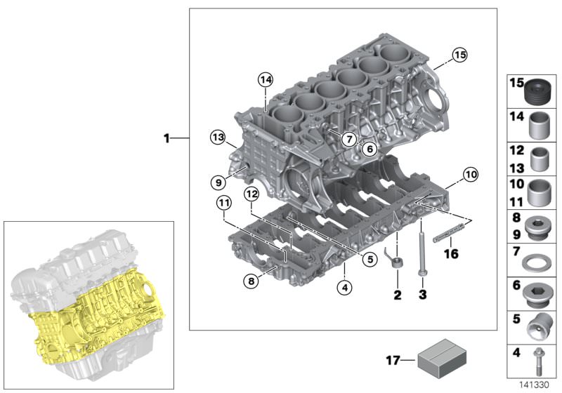 Picture board Engine block for the BMW 1 Series models  Original BMW spare parts from the electronic parts catalog (ETK) for BMW motor vehicles (car)   Blind plug, Dowel, Gasket ring, Hex Bolt, Injection valve, Oil Spraying Nozzle, Part not available sepa
