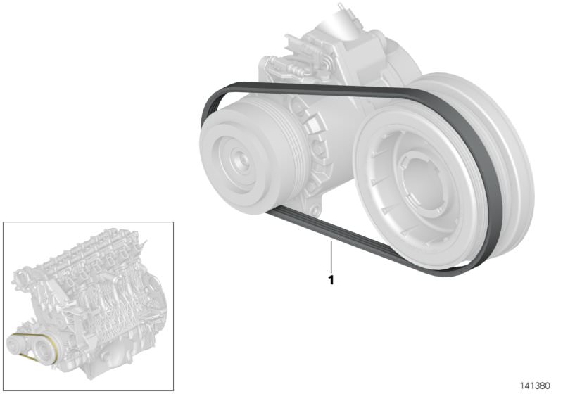 Illustration du Entraînement compresseur de climatiseur pour les BMW X Série Modèles  Pièces de rechange d'origine BMW du catalogue de pièces électroniques (ETK) pour véhicules automobiles BMW (voiture)   Ribbed v-belt