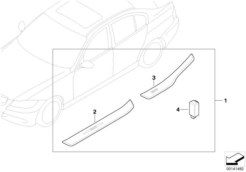 Picture board Illuminated door sill strip retrofit kit for the BMW 3 Series models  Original BMW spare parts from the electronic parts catalog (ETK) for BMW motor vehicles (car) 