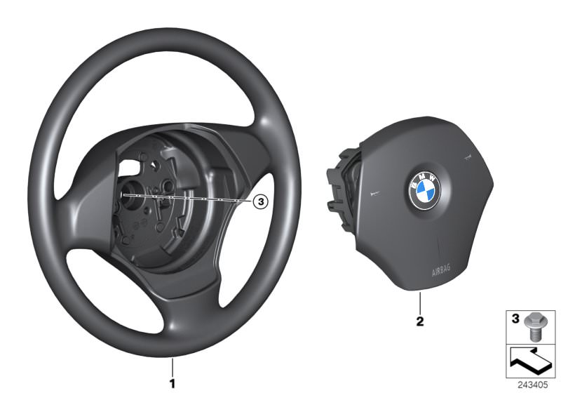 Picture board Steering wheel airbag for the BMW 3 Series models  Original BMW spare parts from the electronic parts catalog (ETK) for BMW motor vehicles (car)   Airbag module, driver´s side, Hex Bolt, Steering wheel