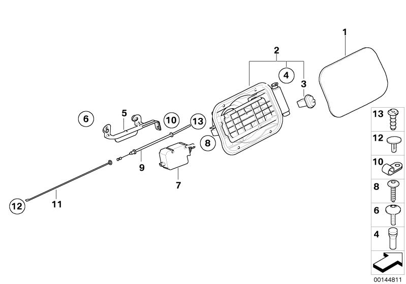 Picture board FILL-IN FLAP for the BMW 5 Series models  Original BMW spare parts from the electronic parts catalog (ETK) for BMW motor vehicles (car)   Bowden cable, filler flap, BUFFER STOP WITH EJECTOR, Clamp, Cover pot, Emergency mechanism parking lock