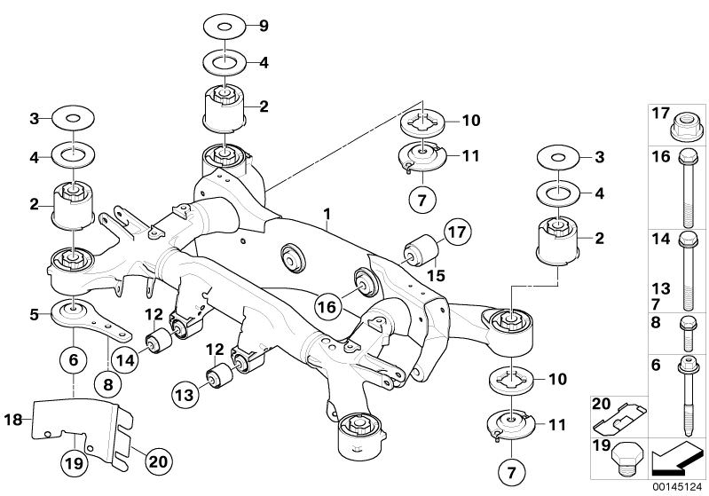 Picture board REAR AXLE CARRIER for the BMW 7 Series models  Original BMW spare parts from the electronic parts catalog (ETK) for BMW motor vehicles (car)   Clip, protective cover, Combination nut, Damping washer, Heat shield, right, Hex Bolt, Hex Bolt wi